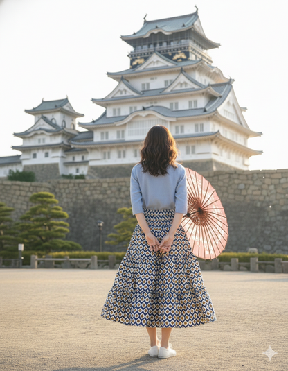 Blue Mustard Geometric Hand Block Printed Cotton Maxi Skirt – Tiered Boho Elastic Waist Summer Skirt