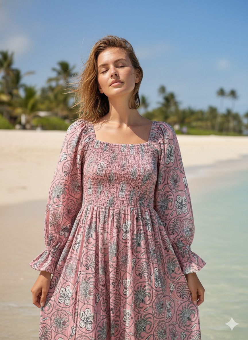 Pink Floral Hand Block Printed Cotton Midi Dress – Smocked Bodice Puff Sleeve Boho Dress
