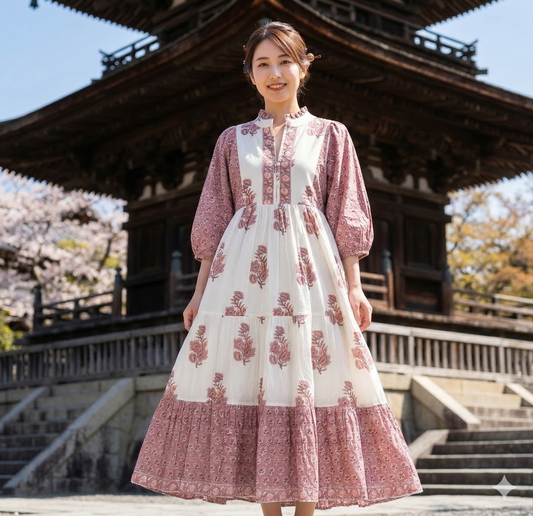 Rust Floral Hand Block Print Cotton Maxi Dress – Indian Boho Tiered Style