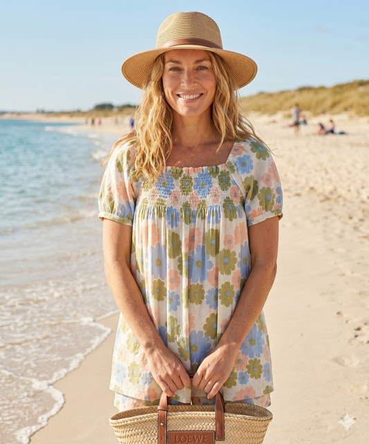 Pastel Floral Cotton Pajama Set for Women, Smocked Puff Sleeve Top & Shorts, Cottagecore Lounge Wear Set