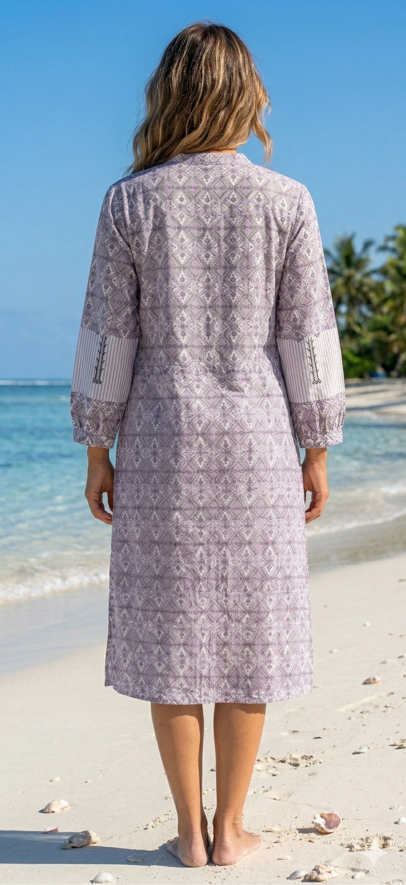 Lavender Grey Geometric Hand Block Print Cotton Midi Dress – Boho Indian Tunic Dress