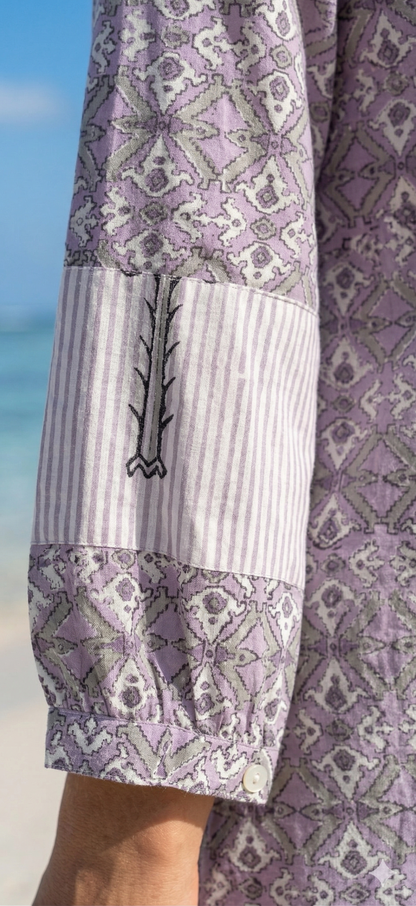 Lavender Grey Geometric Hand Block Print Cotton Midi Dress – Boho Indian Tunic Dress