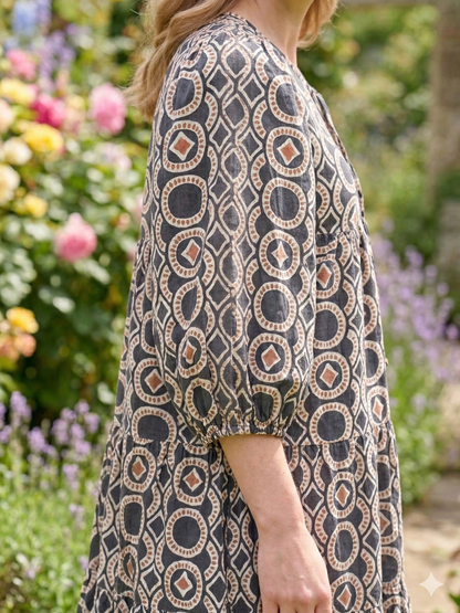 Indigo Grey Geometric Block Print Cotton Mini Dress – Boho Tiered Puff Sleeve Style