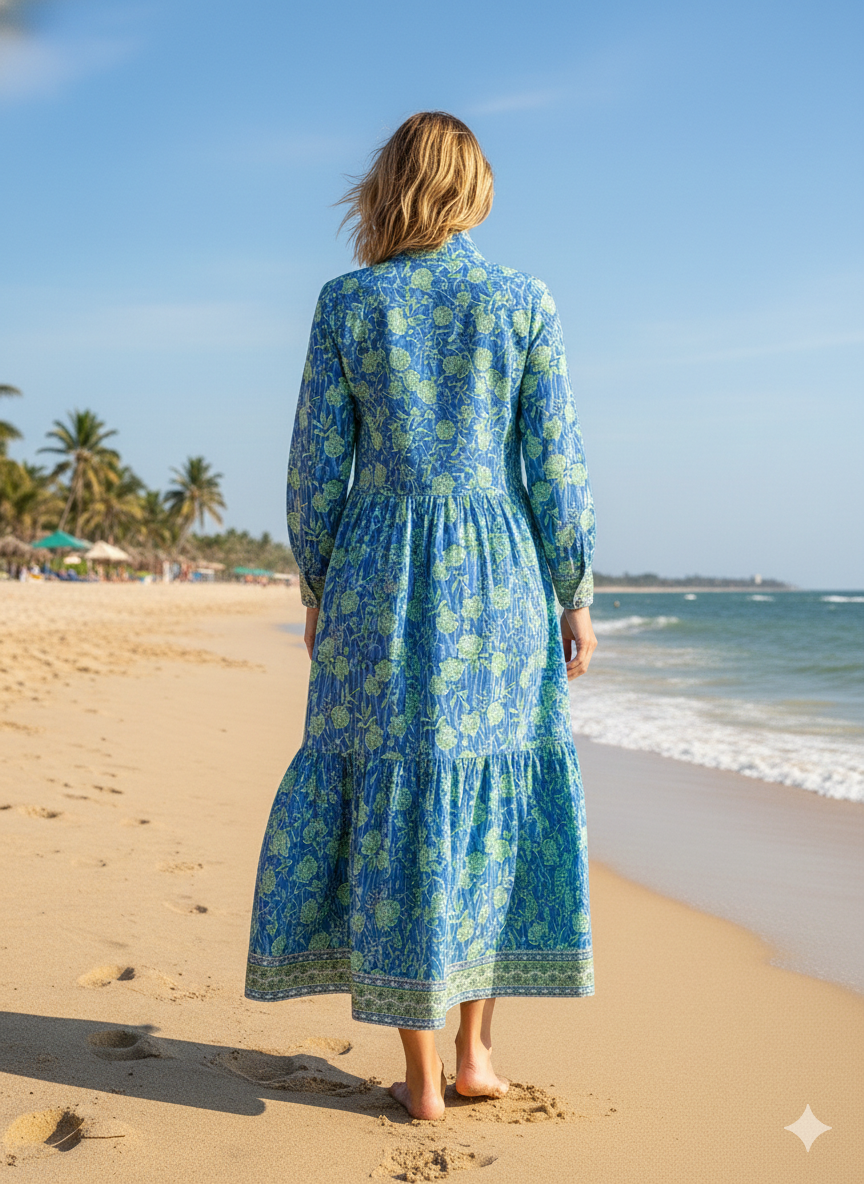 Blue Floral Hand Block Printed Cotton Maxi Dress – Long Sleeve Bohemian Dress