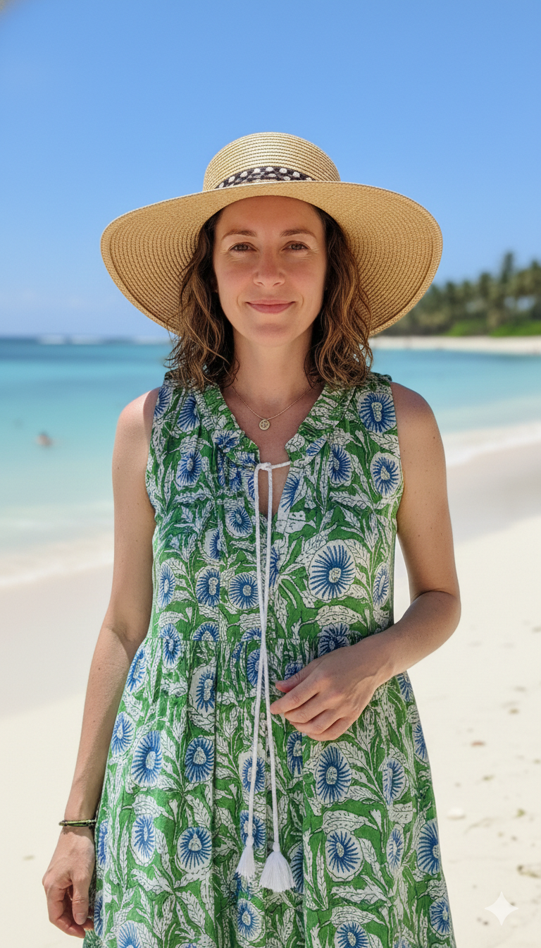 Green Floral Hand Block Printed Cotton Sleeveless Maxi Dress – Boho Tassel Tiered Dress