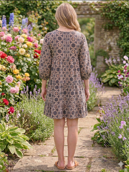 Indigo Grey Geometric Block Print Cotton Mini Dress – Boho Tiered Puff Sleeve Style