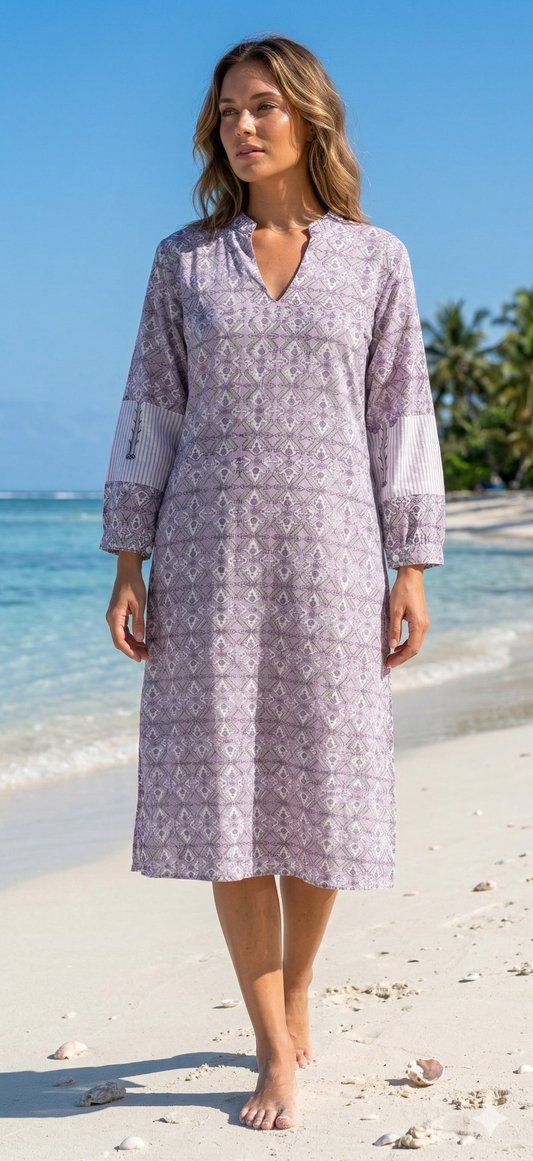 Lavender Grey Geometric Hand Block Print Cotton Midi Dress – Boho Indian Tunic Dress