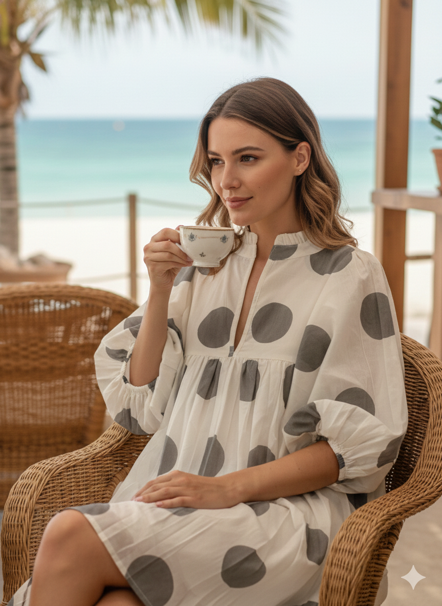 Polka Dot Cotton Puff Sleeve Dress – Relaxed Boho Mini Dress