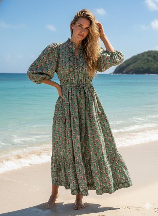 Sage Green Pink Floral Block Print Cotton Midi Dress – Boho Handmade Tiered Dress with Puff Sleeves & Contrast Yoke