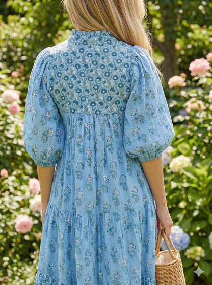 Sky Blue Floral Hand Block Printed Cotton Maxi Dress – Indian Boho Tiered Long Dress