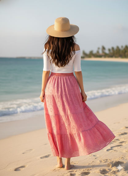 Pink Eyelet Cotton Maxi Skirt – Tiered Boho Elastic Waist Summer Skirt