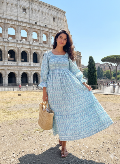 Blue Smocked Cotton Dress – Long Sleeve Floral Block Print Midi Dress