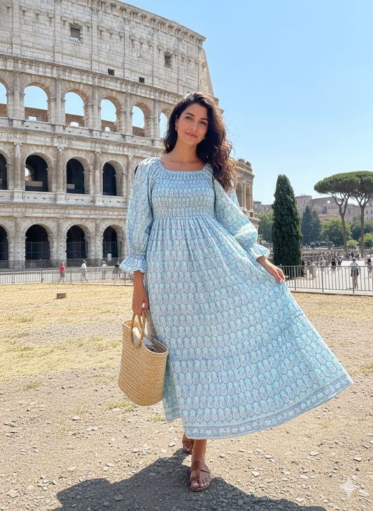 Blue Smocked Cotton Dress – Long Sleeve Floral Block Print Midi Dress
