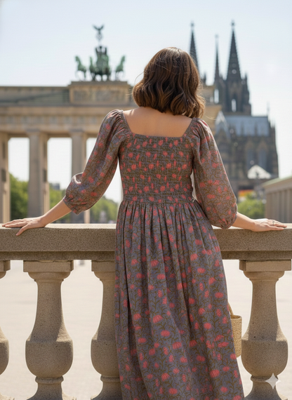 Grey Floral Hand Block Printed Cotton Midi Dress – Smocked Bodice Puff Sleeve Boho Dress