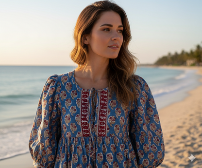 Blue Red Floral Hand Block Printed Cotton Midi Dress – Boho Indian Tiered Dress