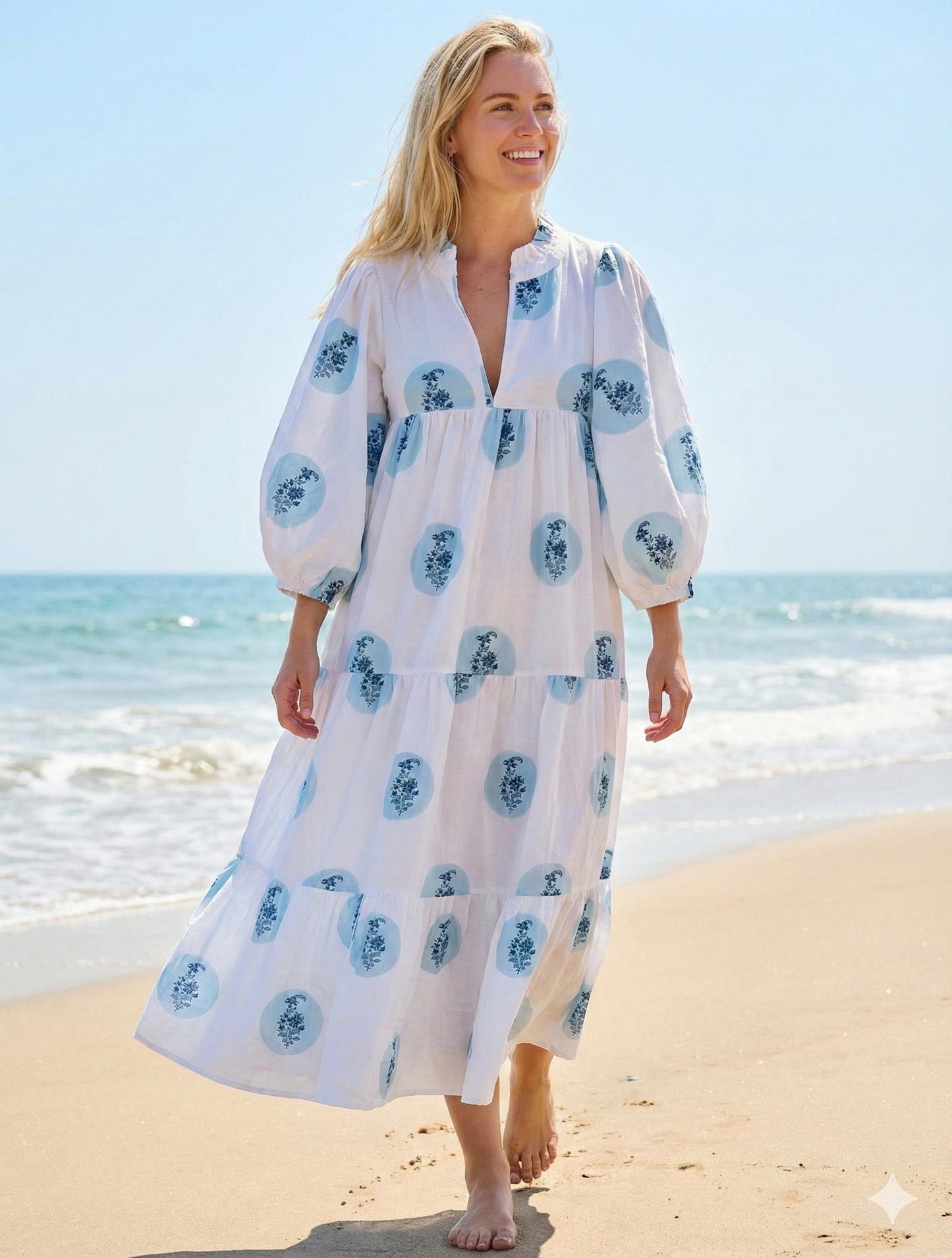 Blue Circle Block Print Cotton Maxi Dress – Relaxed Boho Dress