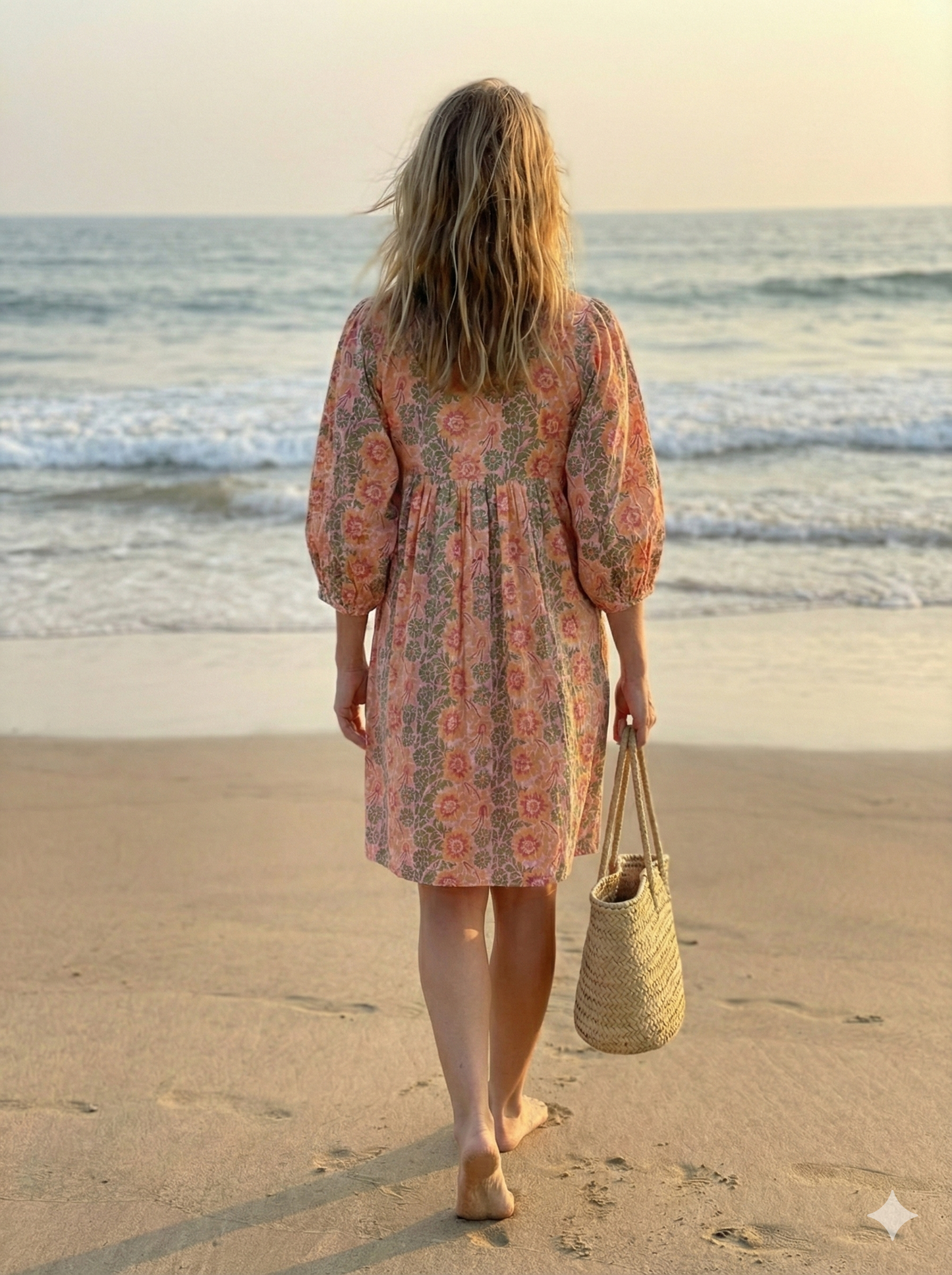 Peach Floral Hand Block Printed Cotton Mini Dress – Puff Sleeve Boho Summer Dress