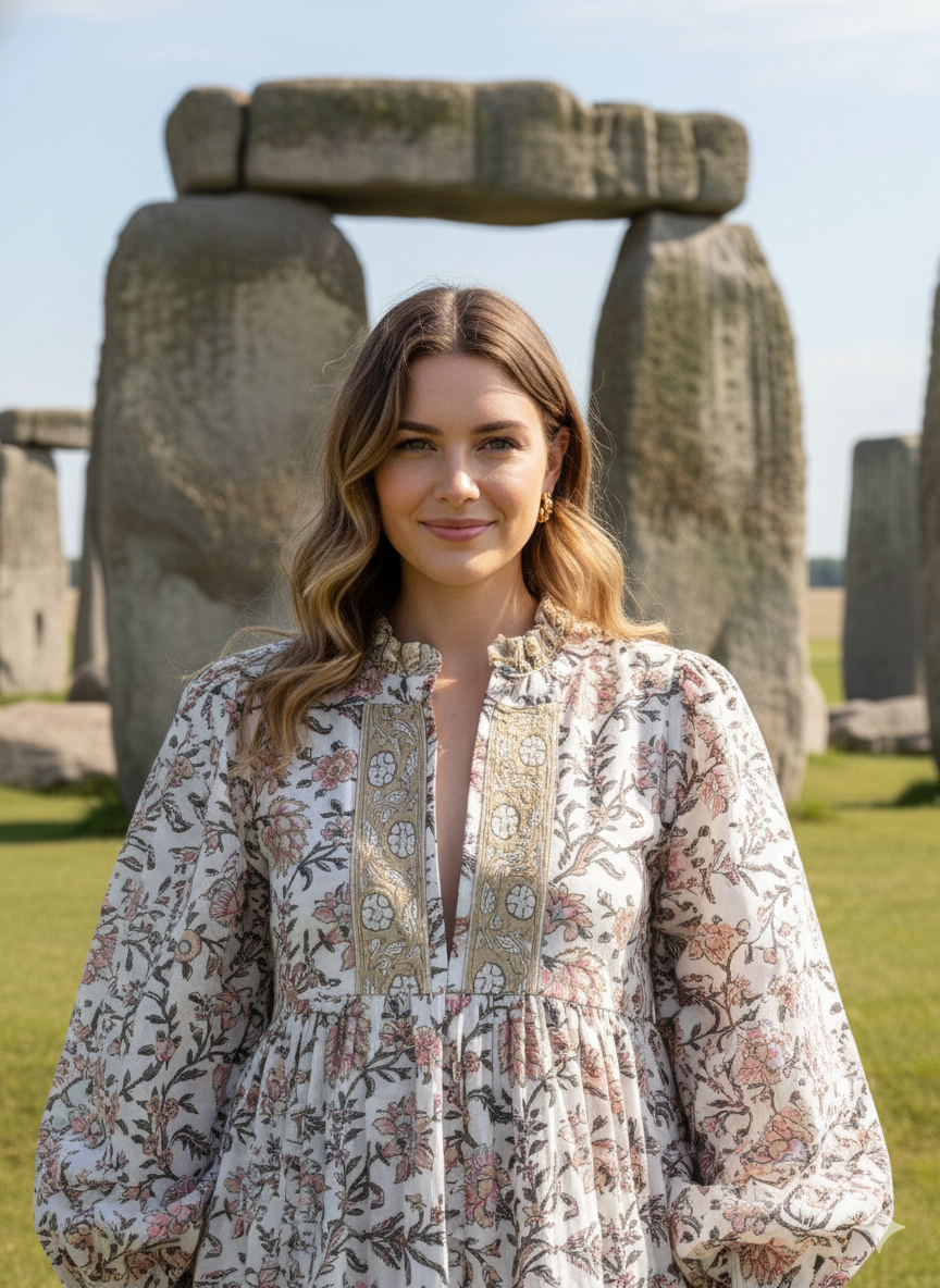 Ivory Pink Floral Hand Block Printed Cotton Midi Dress – Puff Sleeve Boho Indian Dress