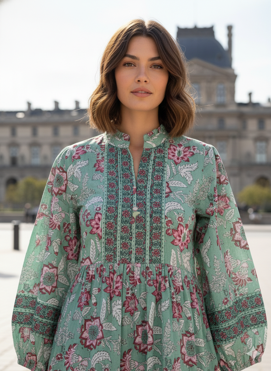 Sage Green Pink Floral Hand Block Printed Cotton Maxi Dress – Boho Tiered Long Sleeve Indian Dress