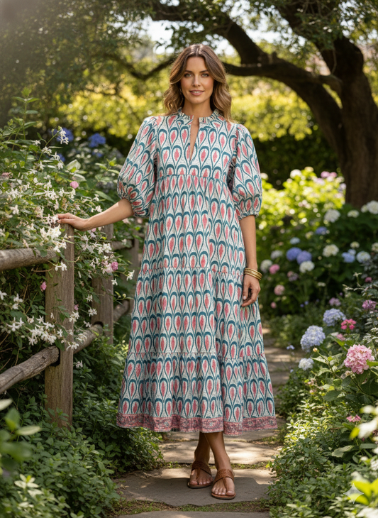 Teal Coral Leaf Hand Block Printed Cotton Maxi Dress – Indian Boho Tiered Long Dress