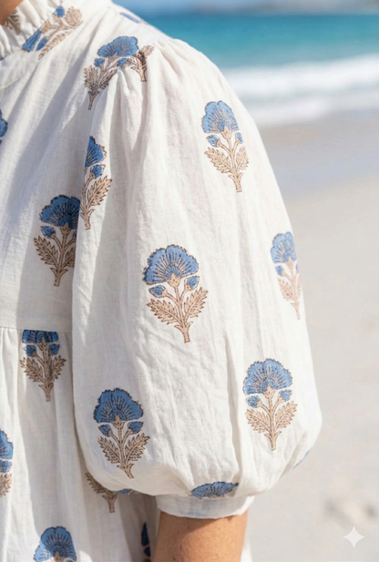 Cream Blue Floral Block Print Cotton Maxi Dress – Indian Boho Puff Sleeve Summer Dress