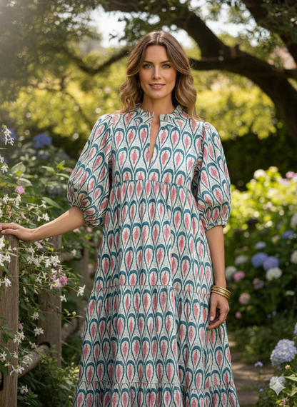 Teal Coral Leaf Hand Block Printed Cotton Maxi Dress – Indian Boho Tiered Long Dress