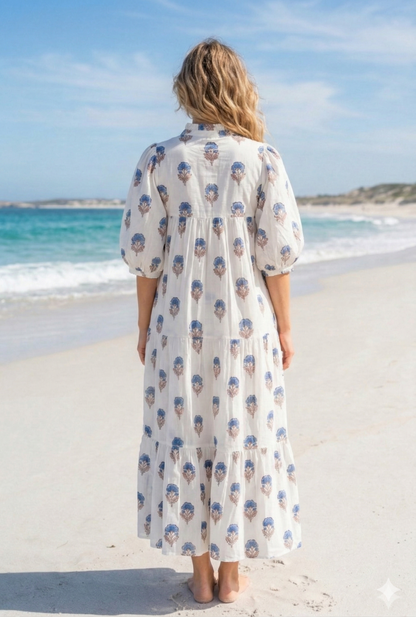 Cream Blue Floral Block Print Cotton Maxi Dress – Indian Boho Puff Sleeve Summer Dress