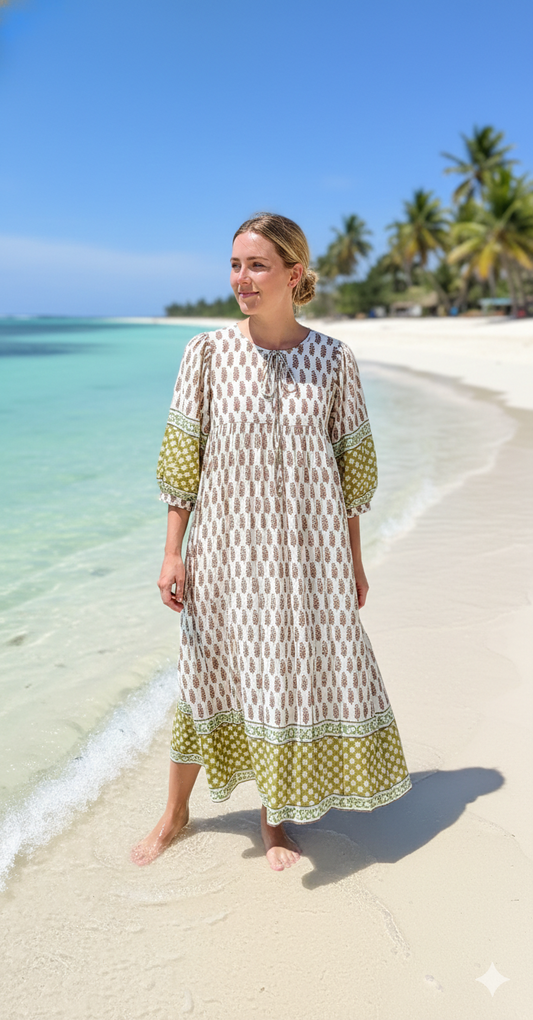 Ivory Olive Floral Hand Block Printed Cotton Midi Dress – Puff Sleeve Boho Indian Dress