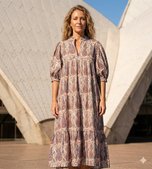 Paisley Block Print Cotton Maxi Dress – Bohemian Puff Sleeve Indian Summer Dress