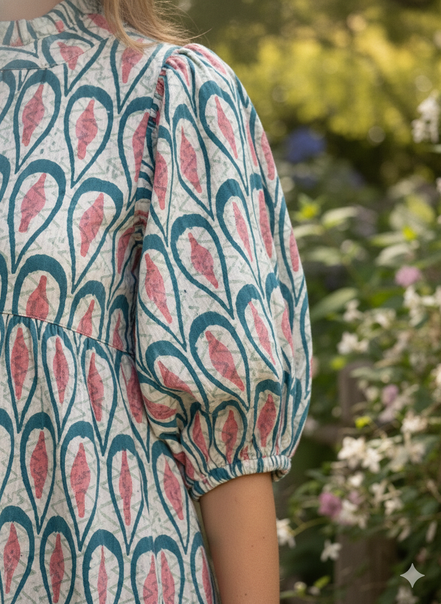 Teal Coral Leaf Hand Block Printed Cotton Maxi Dress – Indian Boho Tiered Long Dress