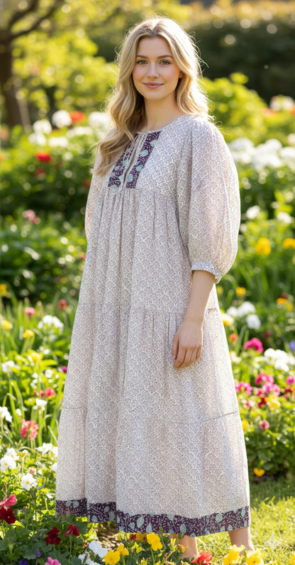 Plum Floral Hand Block Printed Cotton Midi Dress – Puff Sleeve Boho Indian Dress