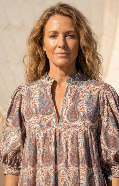 Paisley Block Print Cotton Maxi Dress – Bohemian Puff Sleeve Indian Summer Dress