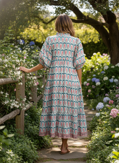Teal Coral Leaf Hand Block Printed Cotton Maxi Dress – Indian Boho Tiered Long Dress