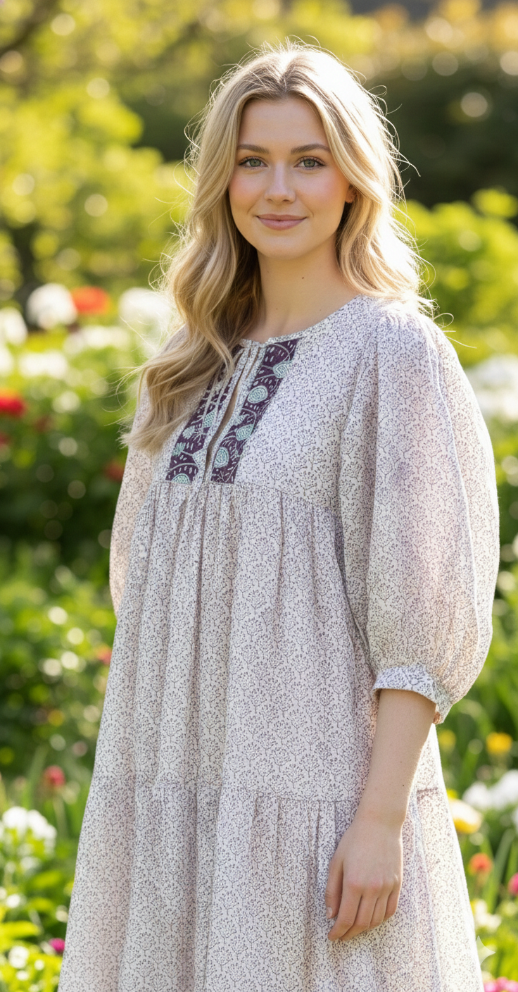 Plum Floral Hand Block Printed Cotton Midi Dress – Puff Sleeve Boho Indian Dress