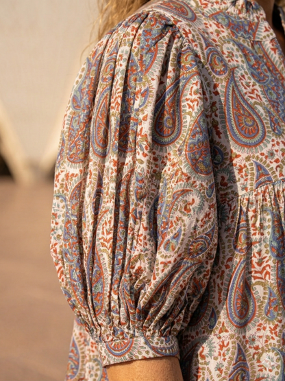Paisley Block Print Cotton Maxi Dress – Bohemian Puff Sleeve Indian Summer Dress