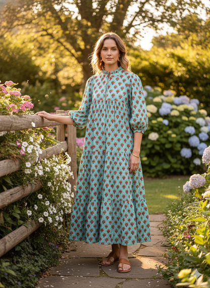 Aqua Rust Motif Hand Block Printed Cotton Maxi Dress – Boho Tiered Indian Long Dress