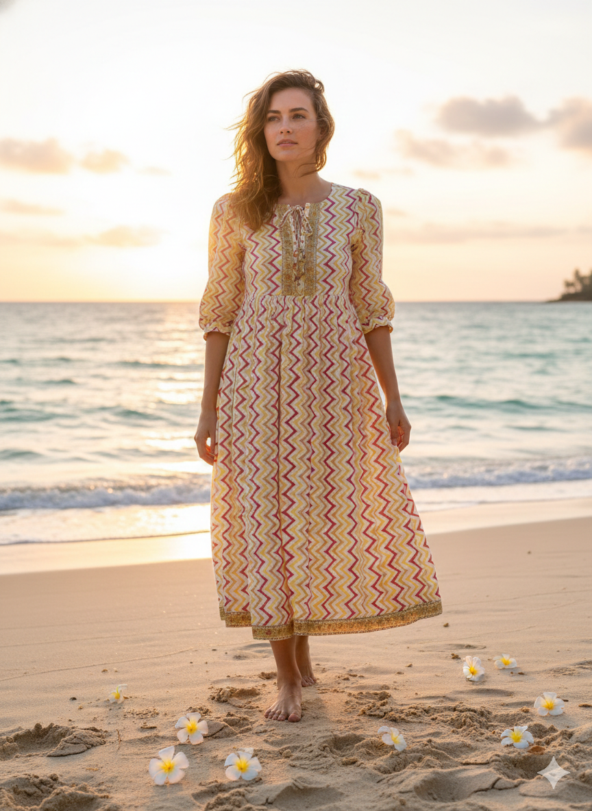 Yellow Zigzag Hand Block Printed Cotton Midi Dress – Puff Sleeve Boho Indian Dress