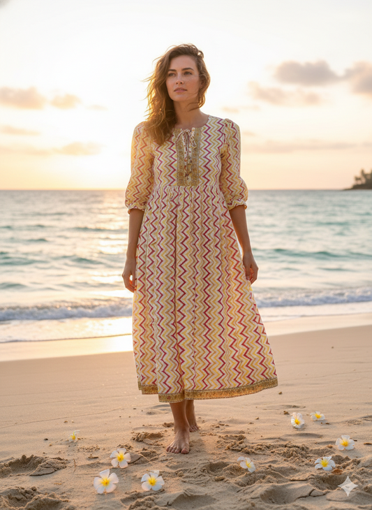 Yellow Zigzag Hand Block Printed Cotton Midi Dress – Puff Sleeve Boho Indian Dress
