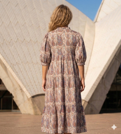 Paisley Block Print Cotton Maxi Dress – Bohemian Puff Sleeve Indian Summer Dress