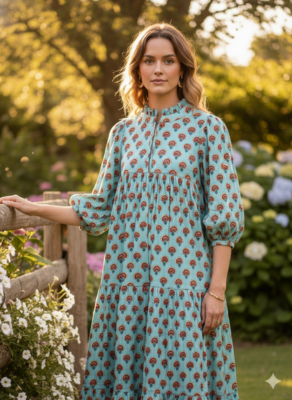 Aqua Rust Motif Hand Block Printed Cotton Maxi Dress – Boho Tiered Indian Long Dress