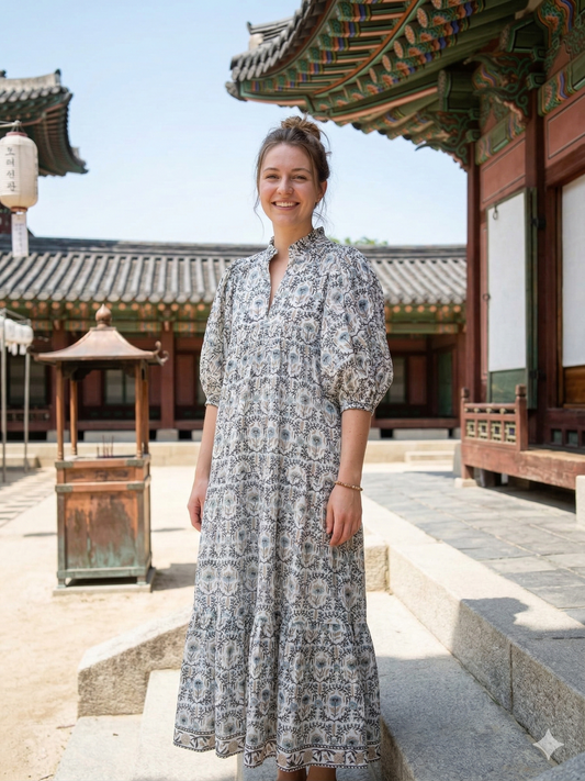 Cream Sage Green Floral Block Print Cotton Maxi Dress – Boho Tiered Summer Dress