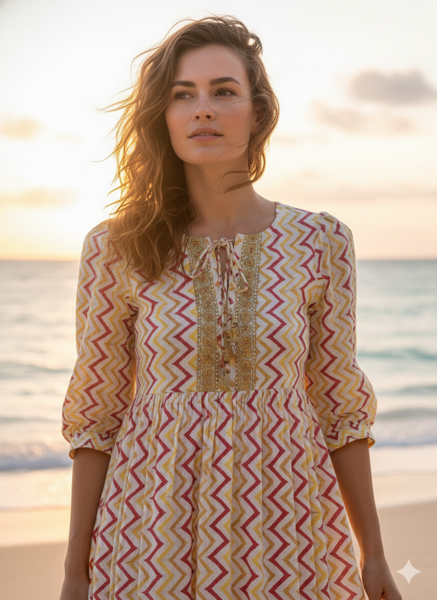 Yellow Zigzag Hand Block Printed Cotton Midi Dress – Puff Sleeve Boho Indian Dress