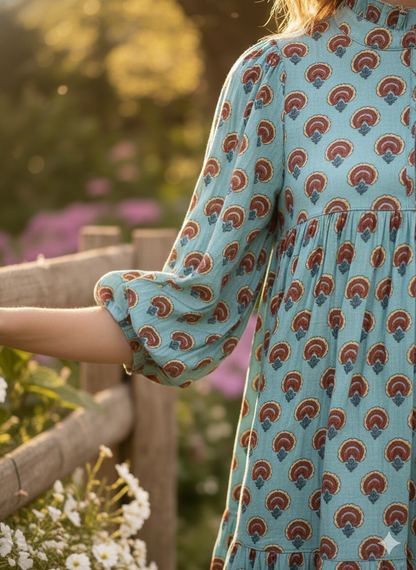 Aqua Rust Motif Hand Block Printed Cotton Maxi Dress – Boho Tiered Indian Long Dress