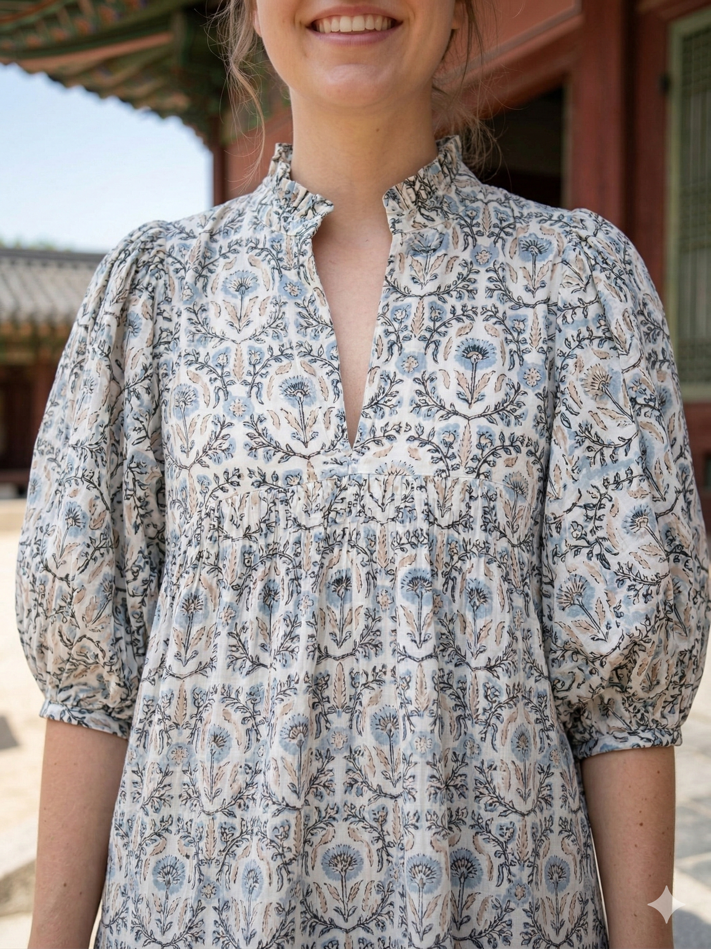 Cream Sage Green Floral Block Print Cotton Maxi Dress – Boho Tiered Summer Dress