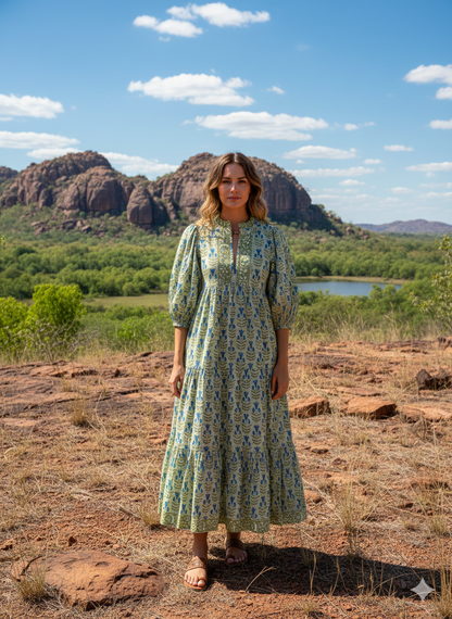 Sage Green Blue Floral Hand Block Printed Cotton Maxi Dress – Boho Tiered Indian Long Dress