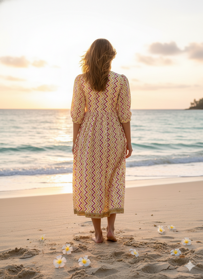 Yellow Zigzag Hand Block Printed Cotton Midi Dress – Puff Sleeve Boho Indian Dress