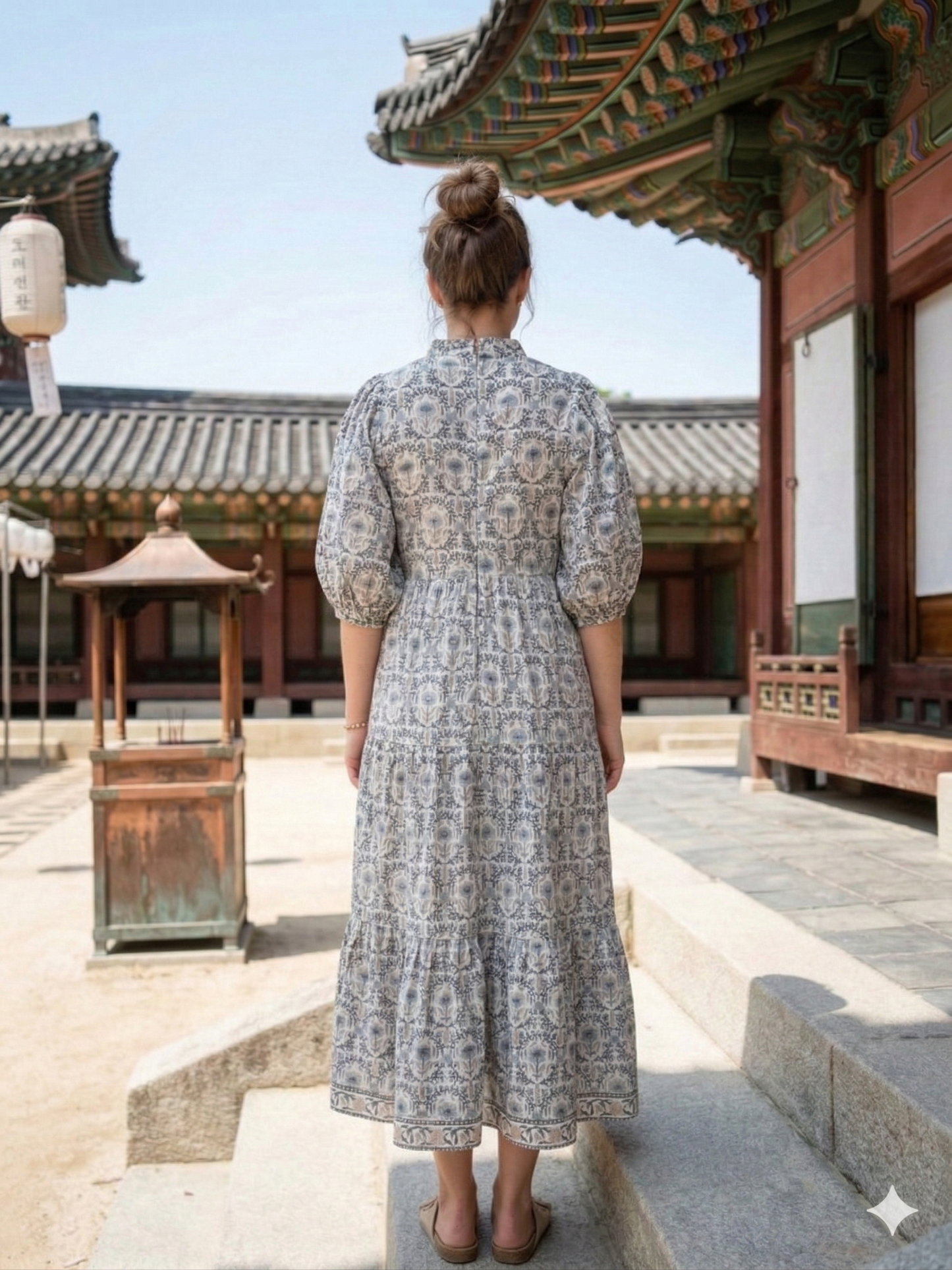 Cream Sage Green Floral Block Print Cotton Maxi Dress – Boho Tiered Summer Dress