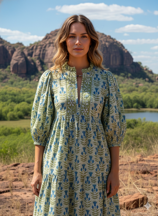 Sage Green Blue Floral Hand Block Printed Cotton Maxi Dress – Boho Tiered Indian Long Dress