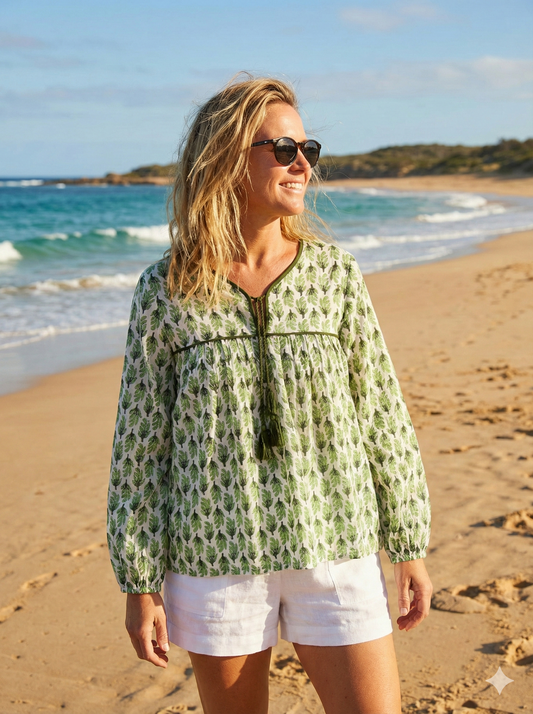 green block printed womens blouse with tassels