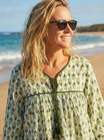 green block printed womens blouse with tassels